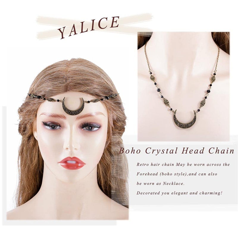 Yalice Boho Crescent Moon Head Chain Vintage Black Crystal Headband Chain Rhinestone Headpieces Witchy Forehead Chain for Women (Bronze-Black, One Size) - Image 5
